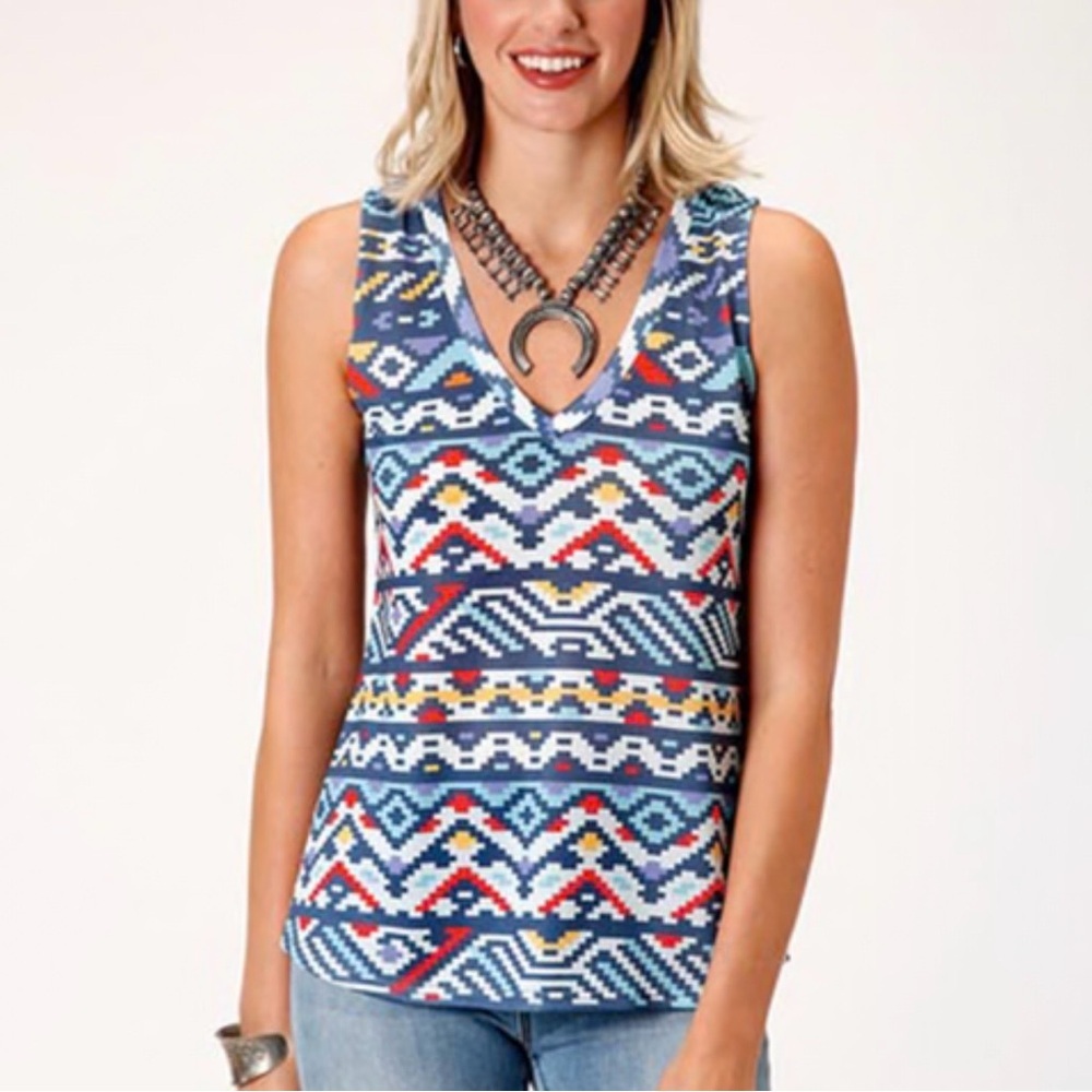 Roper Tank Top Womens Size L Southwestern Aztec V-Neck Sleeveless Shell Blue